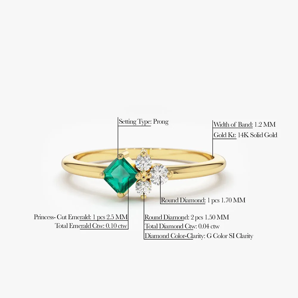 14K Dainty Princess Cut Emerald and Diamond Ring