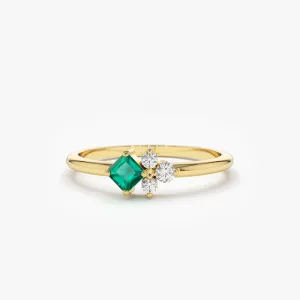 14K Dainty Princess Cut Emerald and Diamond Ring