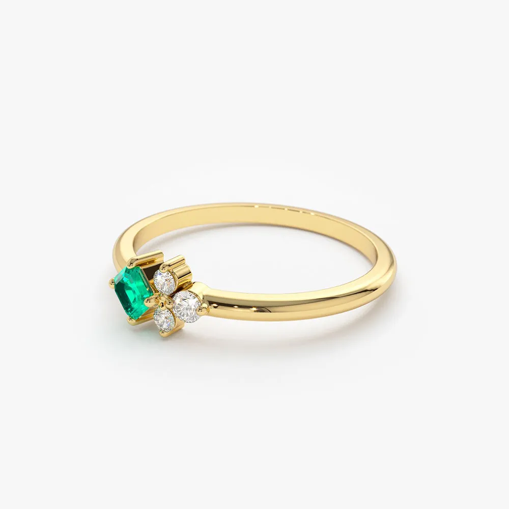 14K Dainty Princess Cut Emerald and Diamond Ring