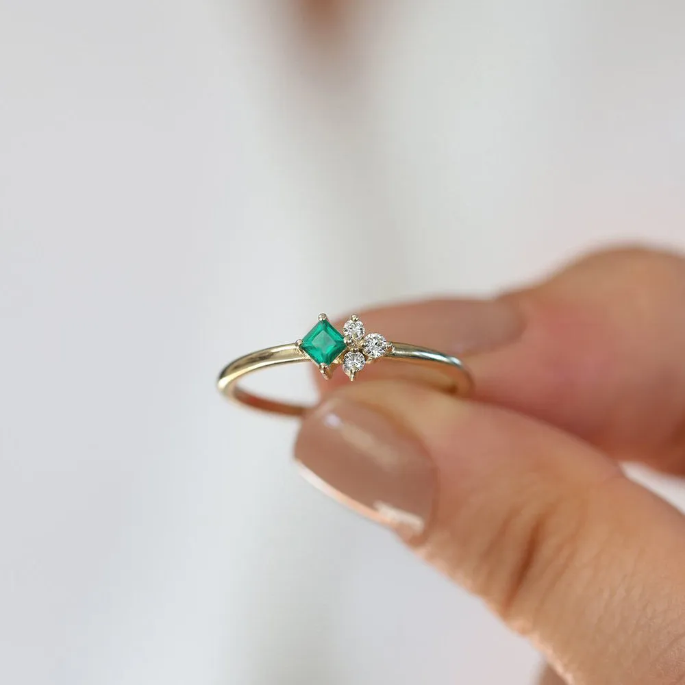 14K Dainty Princess Cut Emerald and Diamond Ring