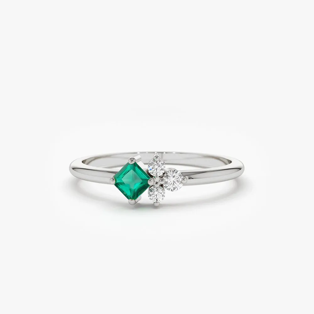14K Dainty Princess Cut Emerald and Diamond Ring
