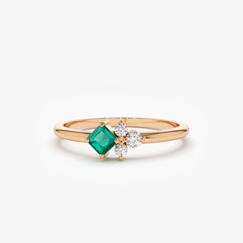 14K Dainty Princess Cut Emerald and Diamond Ring