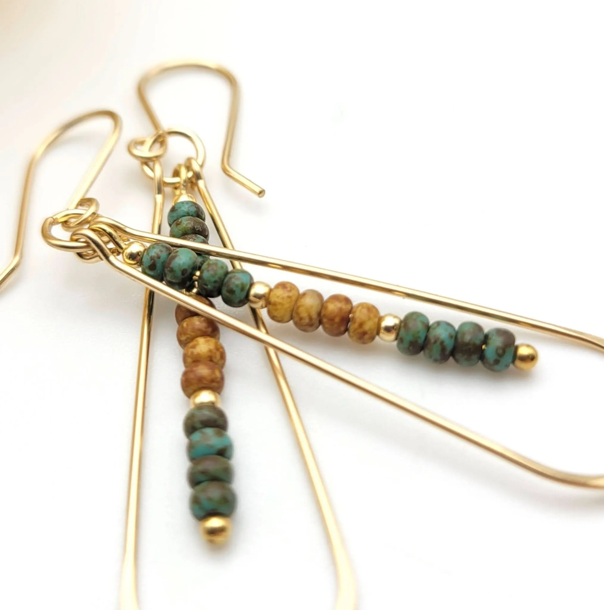 14k Gold Filled Hoop Earrings with Green & Tan Beads