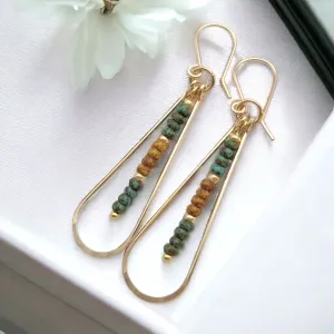 14k Gold Filled Hoop Earrings with Green & Tan Beads