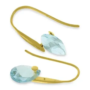 14K Solid Yellow Gold Fish Hook Earrings w/ Dangling Briolette Blue Topaz