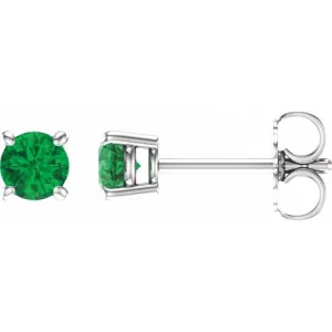 14K White 4 mm Lab-Grown Emerald Stud Earrings with Friction Post