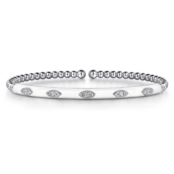 14K White Gold Bujukan Beads and Diamond Split Bangle with White Enamel