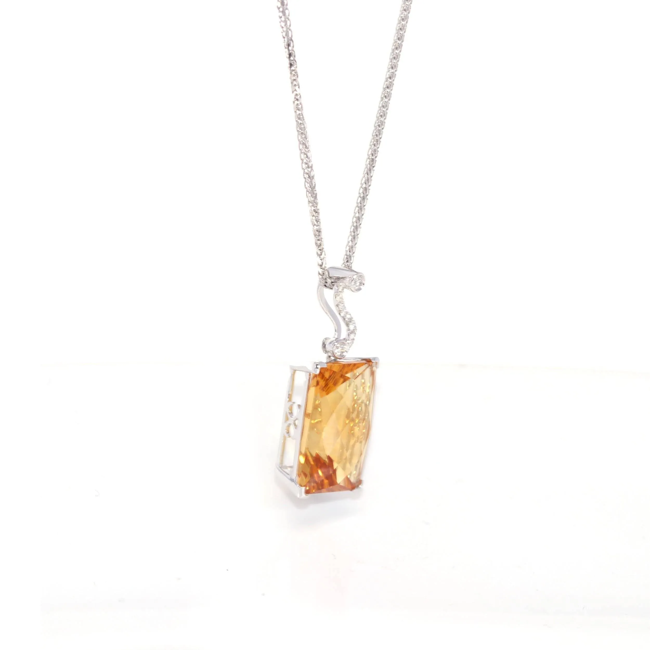 14k White Gold Genuine Citrine & Diamonds Pendant Necklace with Diamond