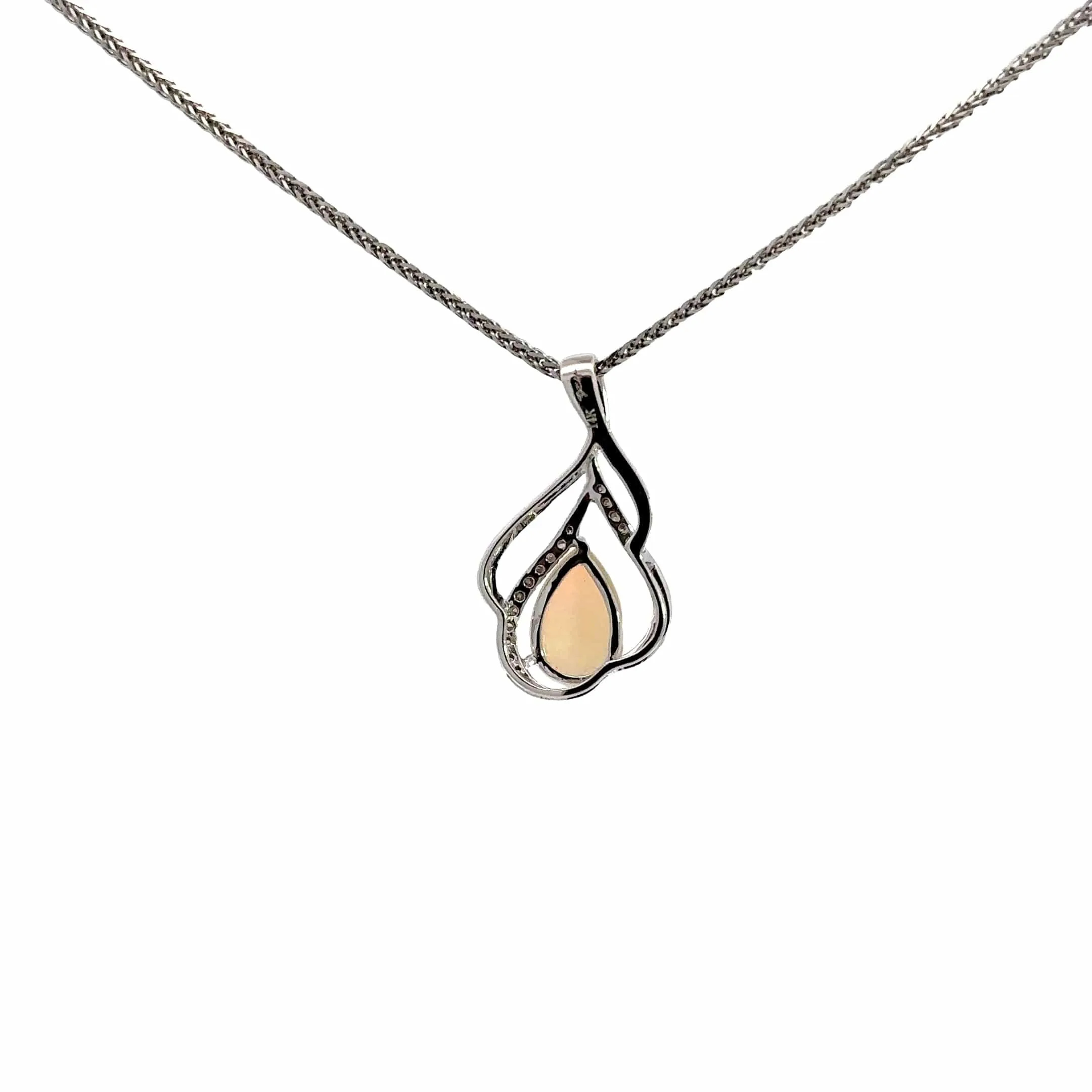 14k White Gold Natural Opal Tear Drop Necklace With Diamonds