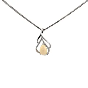 14k White Gold Natural Opal Tear Drop Necklace With Diamonds