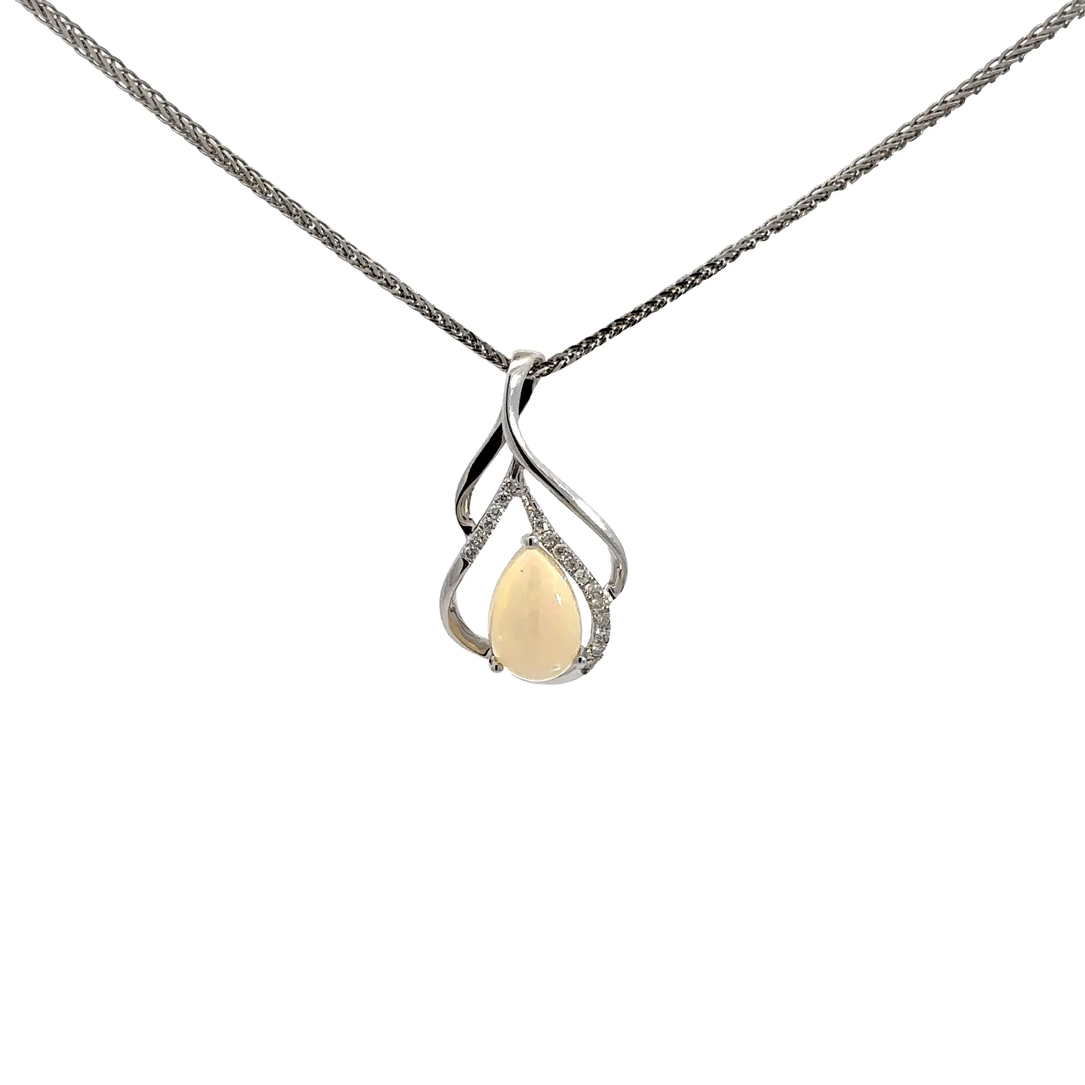 14k White Gold Natural Opal Tear Drop Necklace With Diamonds