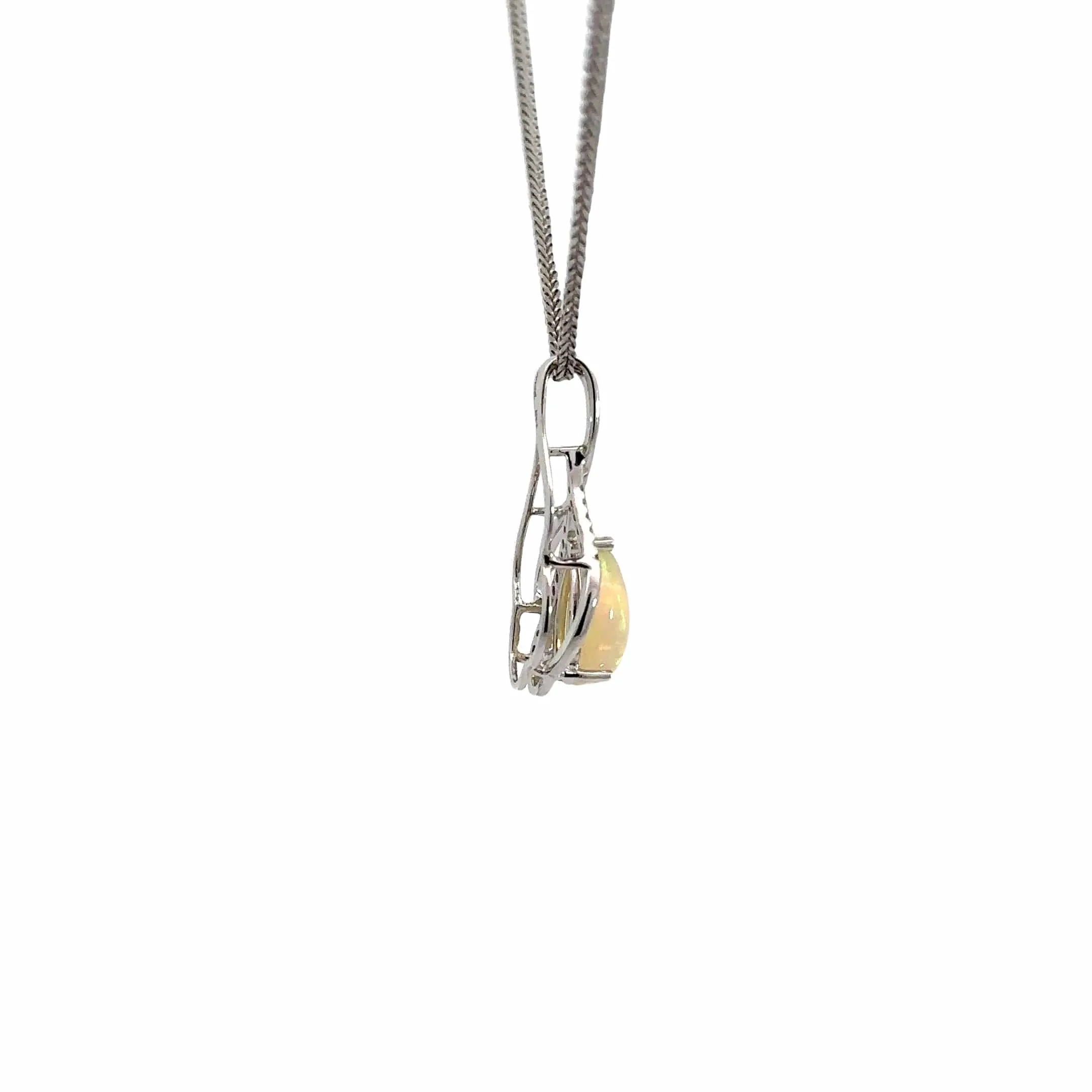 14k White Gold Natural Opal Tear Drop Necklace With Diamonds