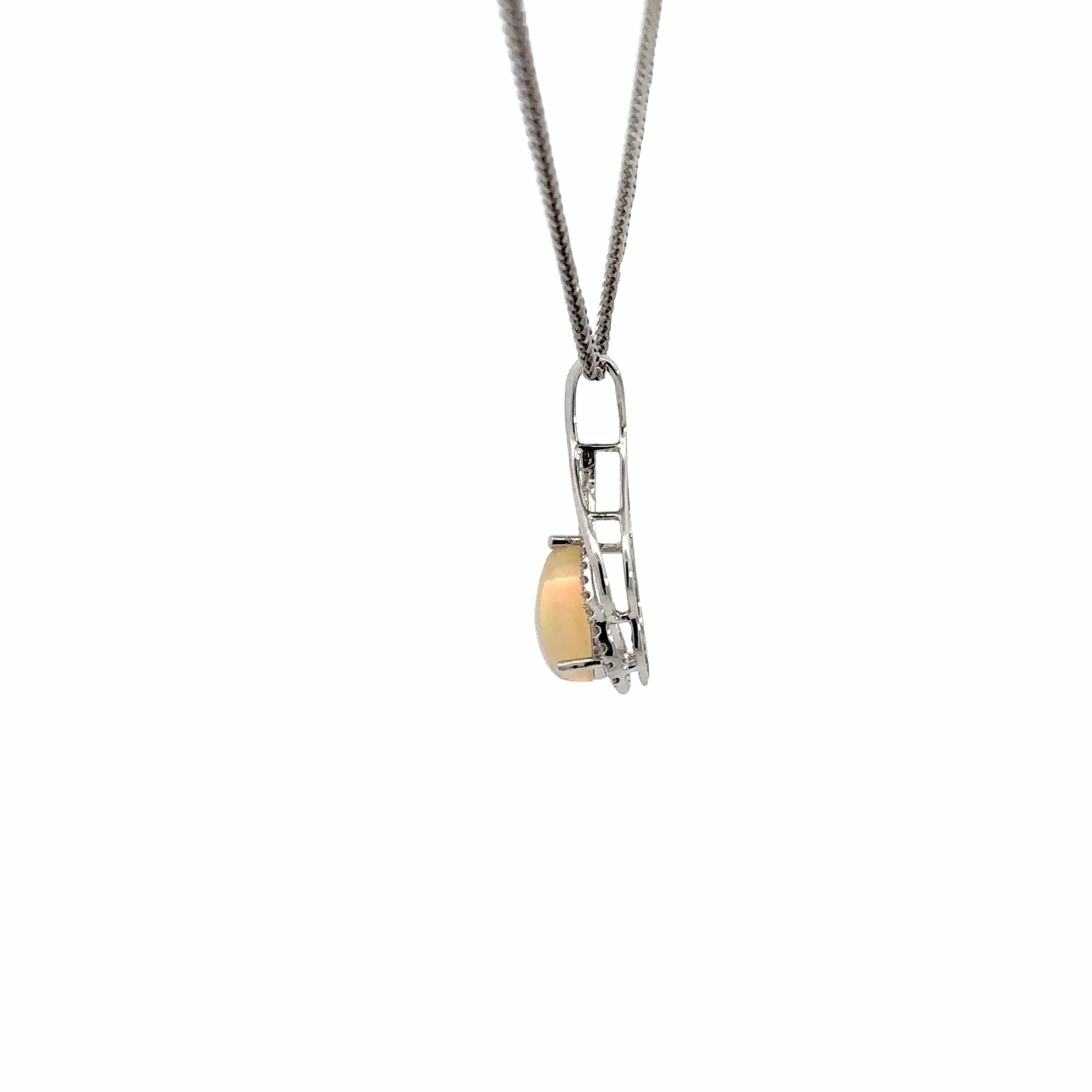 14k White Gold Natural Opal Tear Drop Necklace With Diamonds