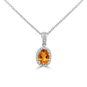 14K White Gold Oval Citrine Pendant Necklace with Diamond Halo