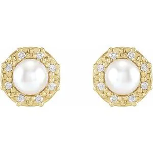 14K Yellow Gold Cultured White Akoya Pearl & .07 CTW Natural Diamond Halo-Style Earrings