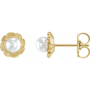 14K Yellow Gold Cultured White Akoya Pearl Leaf Earrings