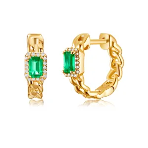 14K Yellow Gold Diamond   Emerald Link Huggie Earrings