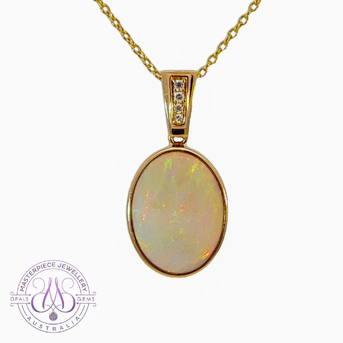 14kt Yellow Gold bezel set Oval Light Opal and diamond pendant