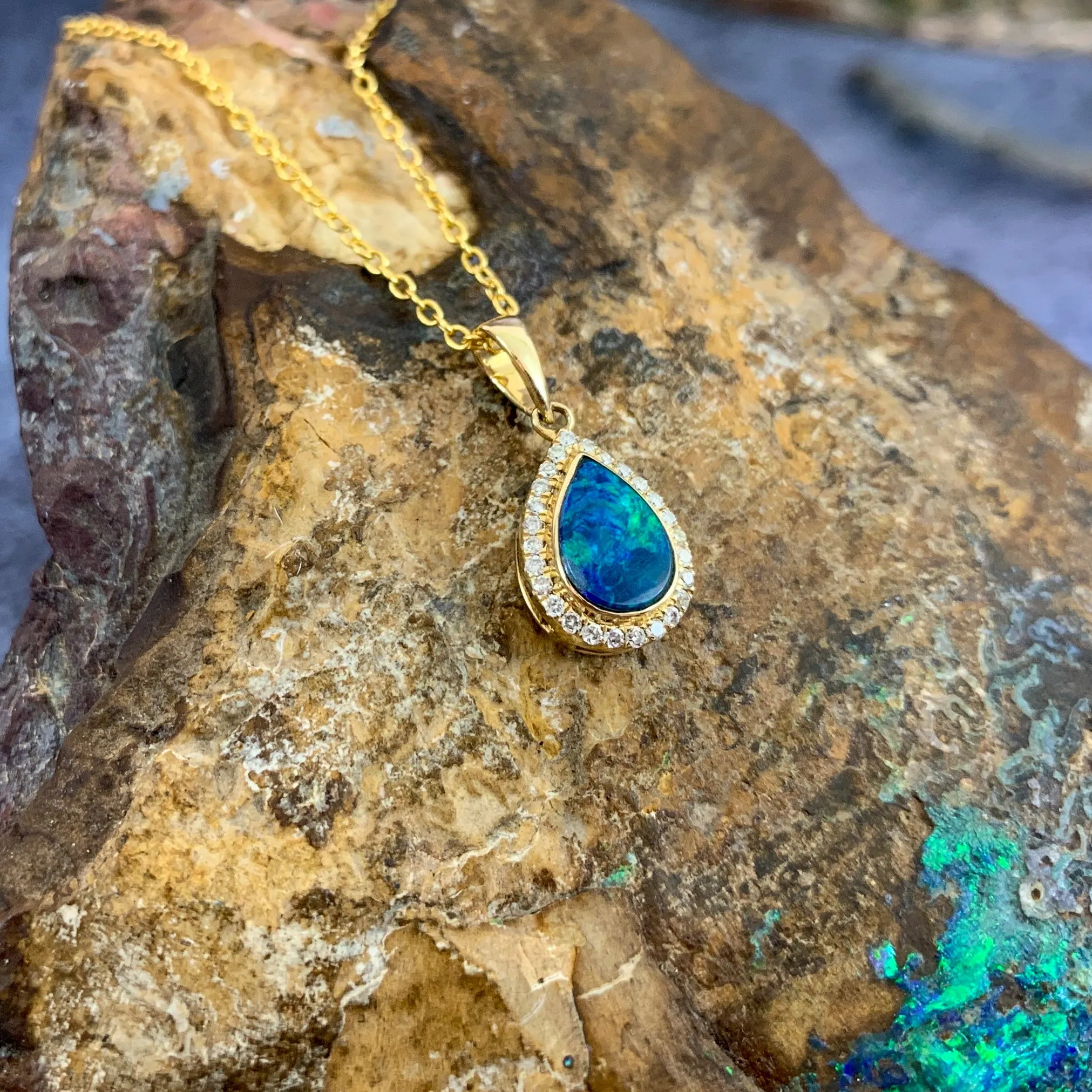 14kt Yellow Gold pearshape Opal doublet halo pendant