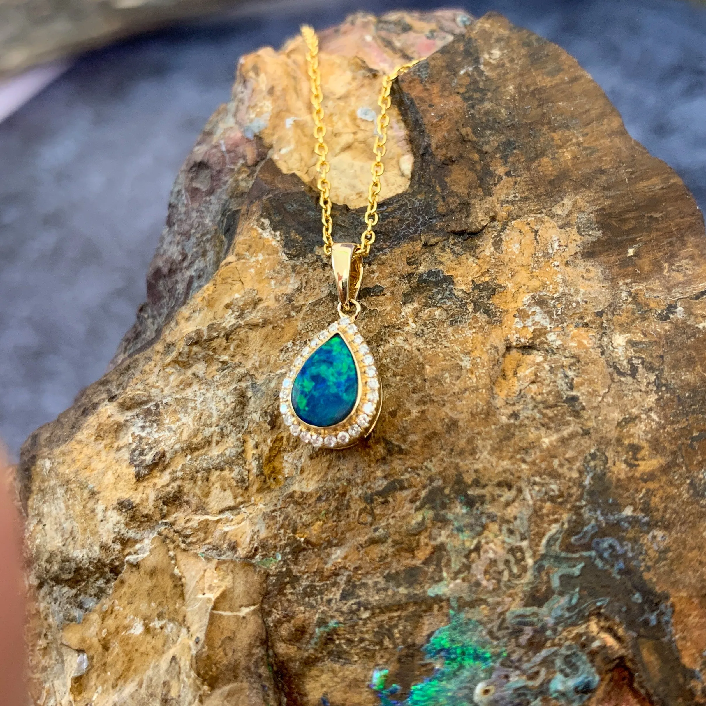 14kt Yellow Gold pearshape Opal doublet halo pendant