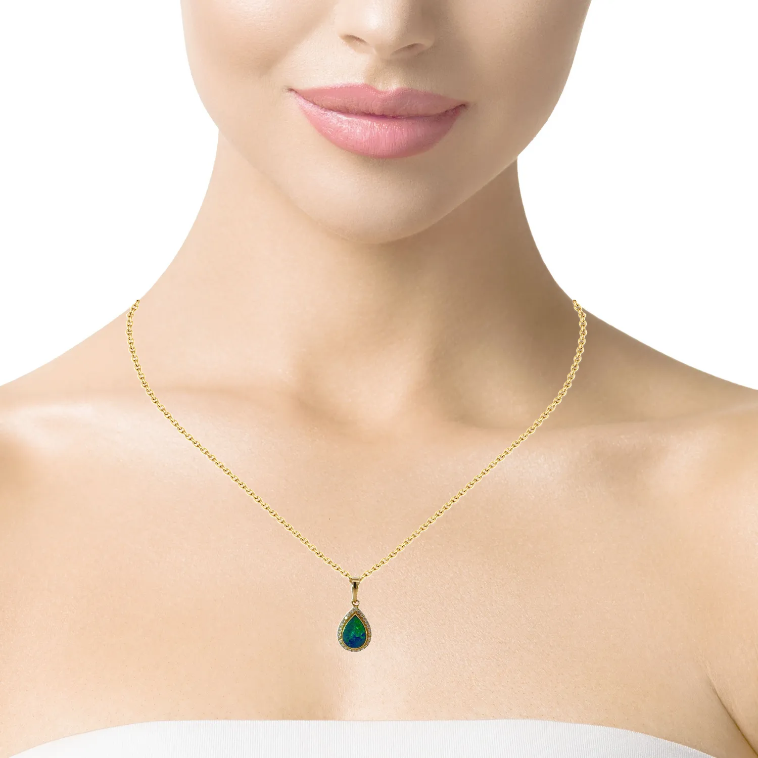 14kt Yellow Gold pearshape Opal doublet halo pendant