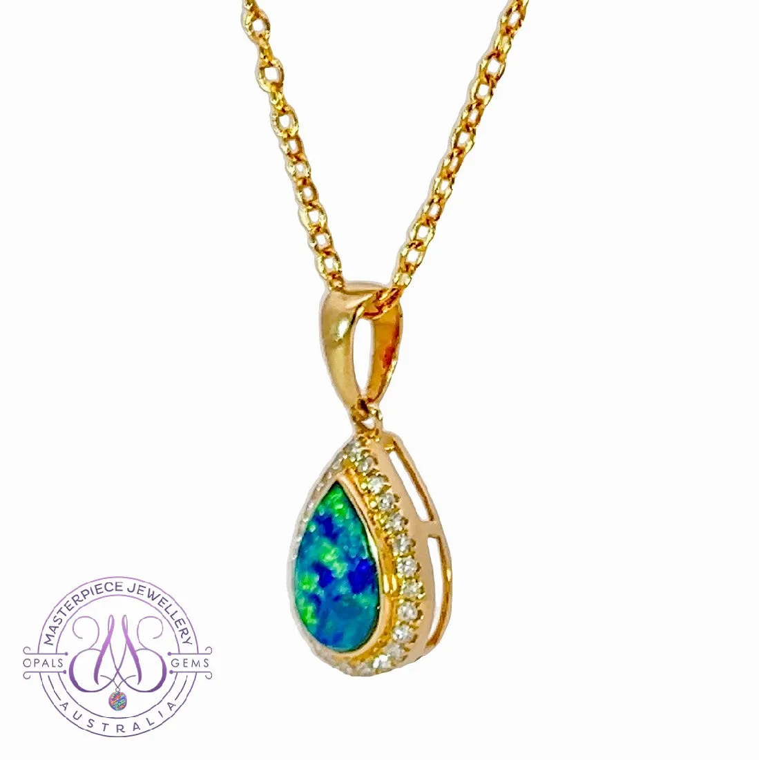 14kt Yellow Gold pearshape Opal doublet halo pendant