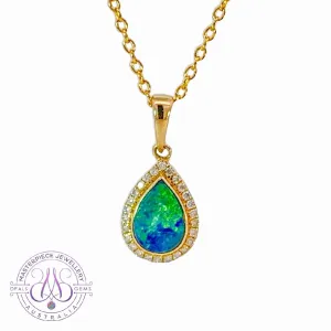 14kt Yellow Gold pearshape Opal doublet halo pendant