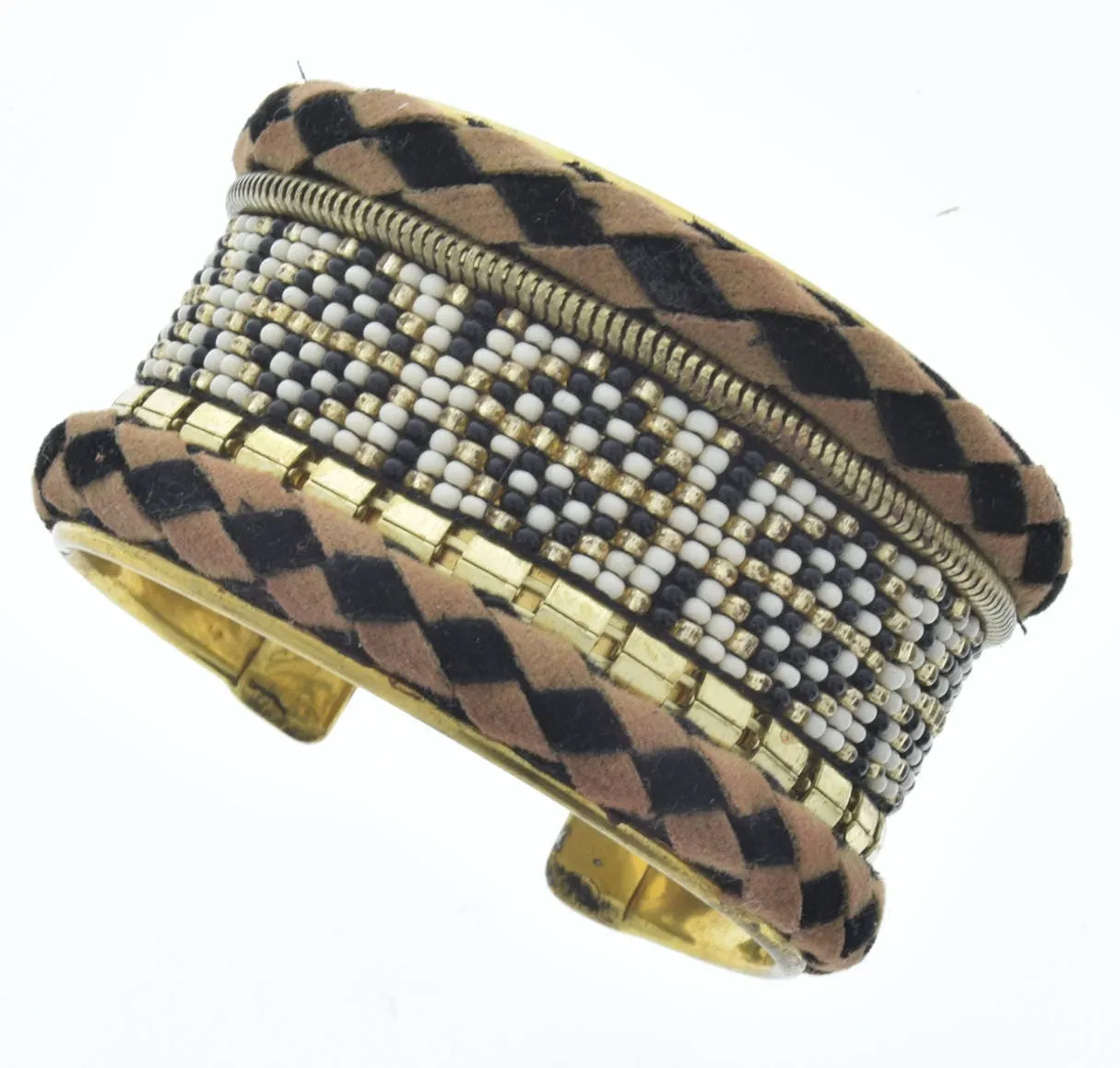 1.5" Beaded Leather Brass Cuff bracelet, taupe, black, white, adjustable, pack of 3