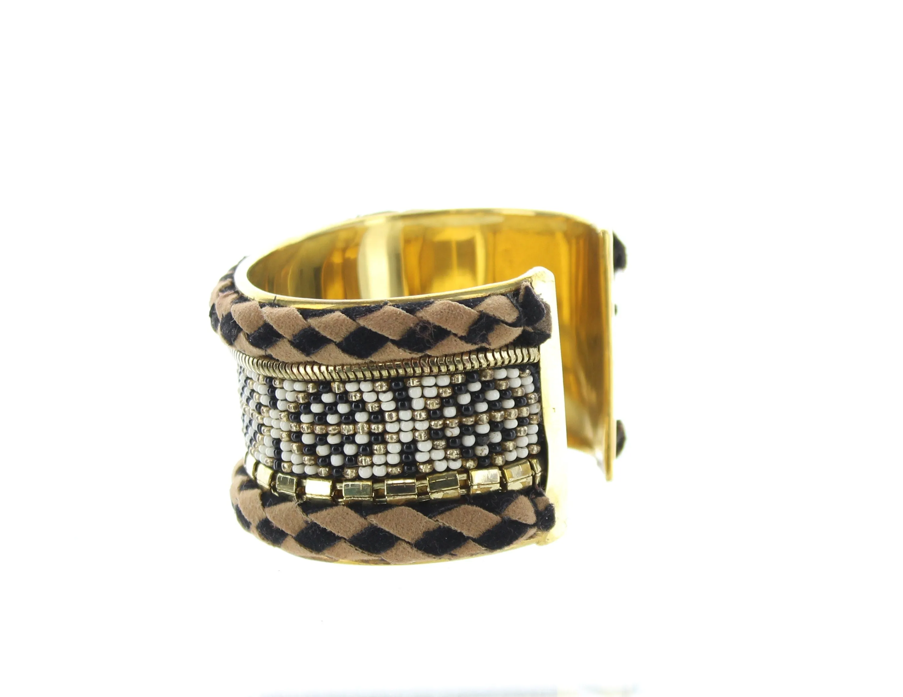 1.5" Beaded Leather Brass Cuff bracelet, taupe, black, white, adjustable, pack of 3