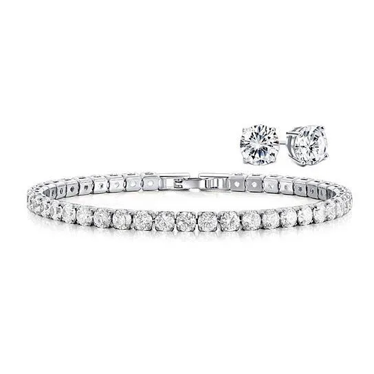 18K Gold Round Cut Tennis Bracelet and Studs Set