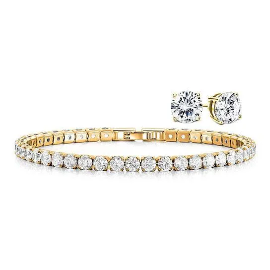 18K Gold Round Cut Tennis Bracelet and Studs Set