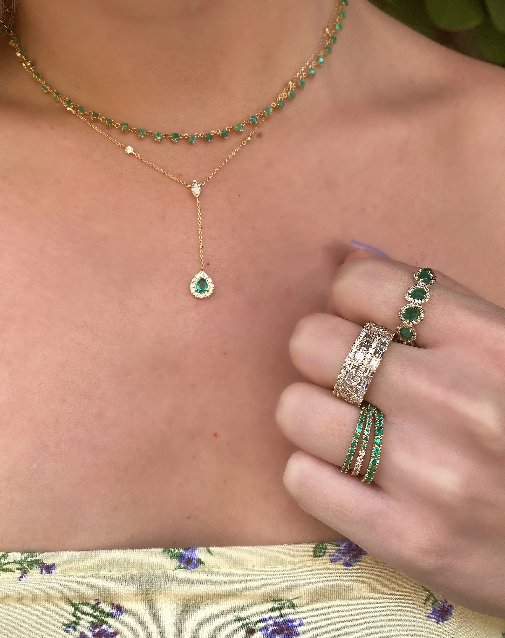 18K Yellow Gold Diamond   Emerald Y Necklace