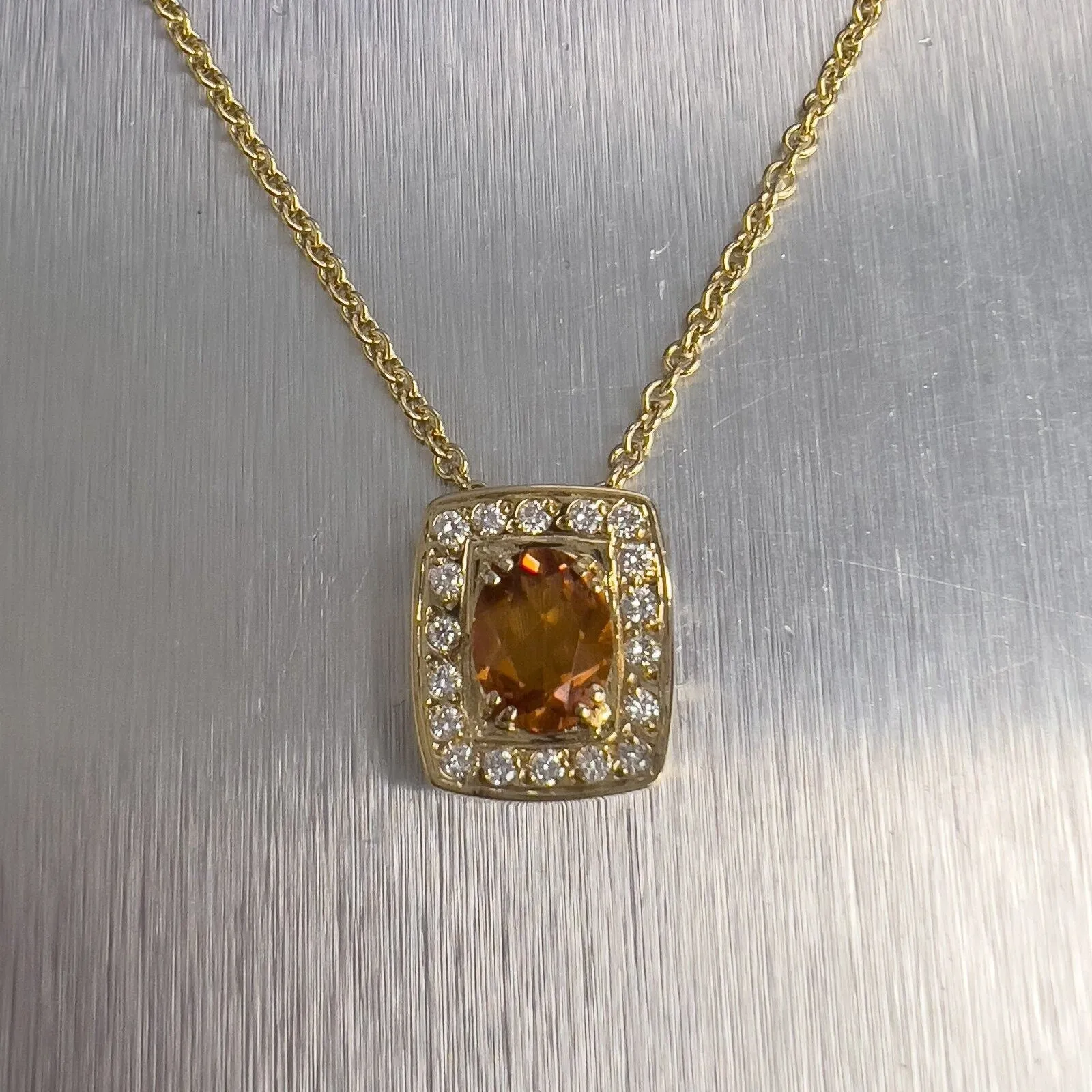 18k Yellow Gold Oval Citrine Diamond Halo Cushion Pendant Necklace 0.36ctw 17.5"
