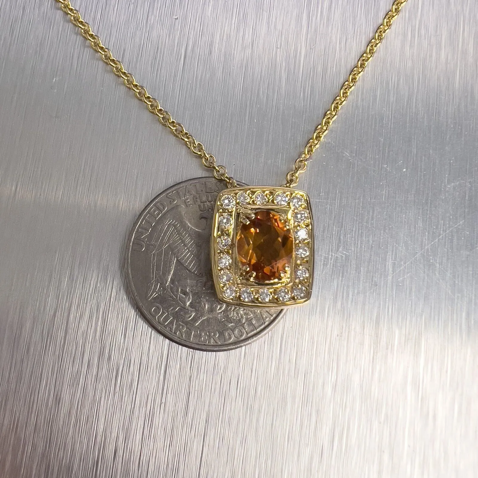 18k Yellow Gold Oval Citrine Diamond Halo Cushion Pendant Necklace 0.36ctw 17.5"