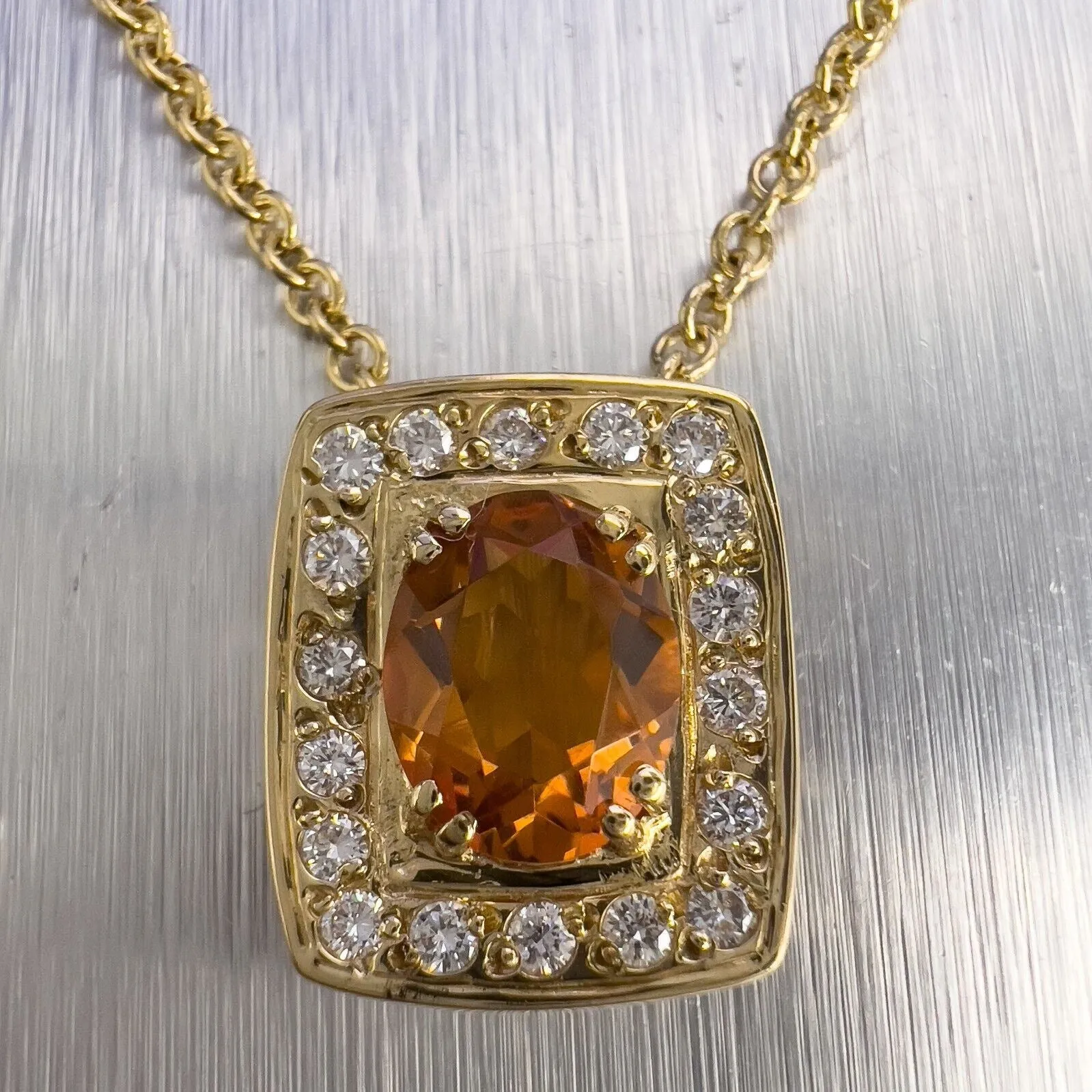 18k Yellow Gold Oval Citrine Diamond Halo Cushion Pendant Necklace 0.36ctw 17.5"