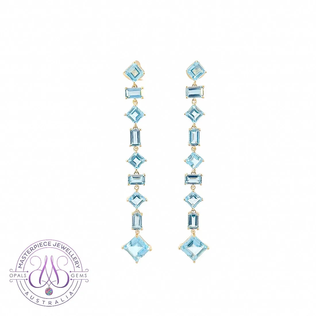 18kt Yellow Gold Long Drop style earrings Blue Topaz