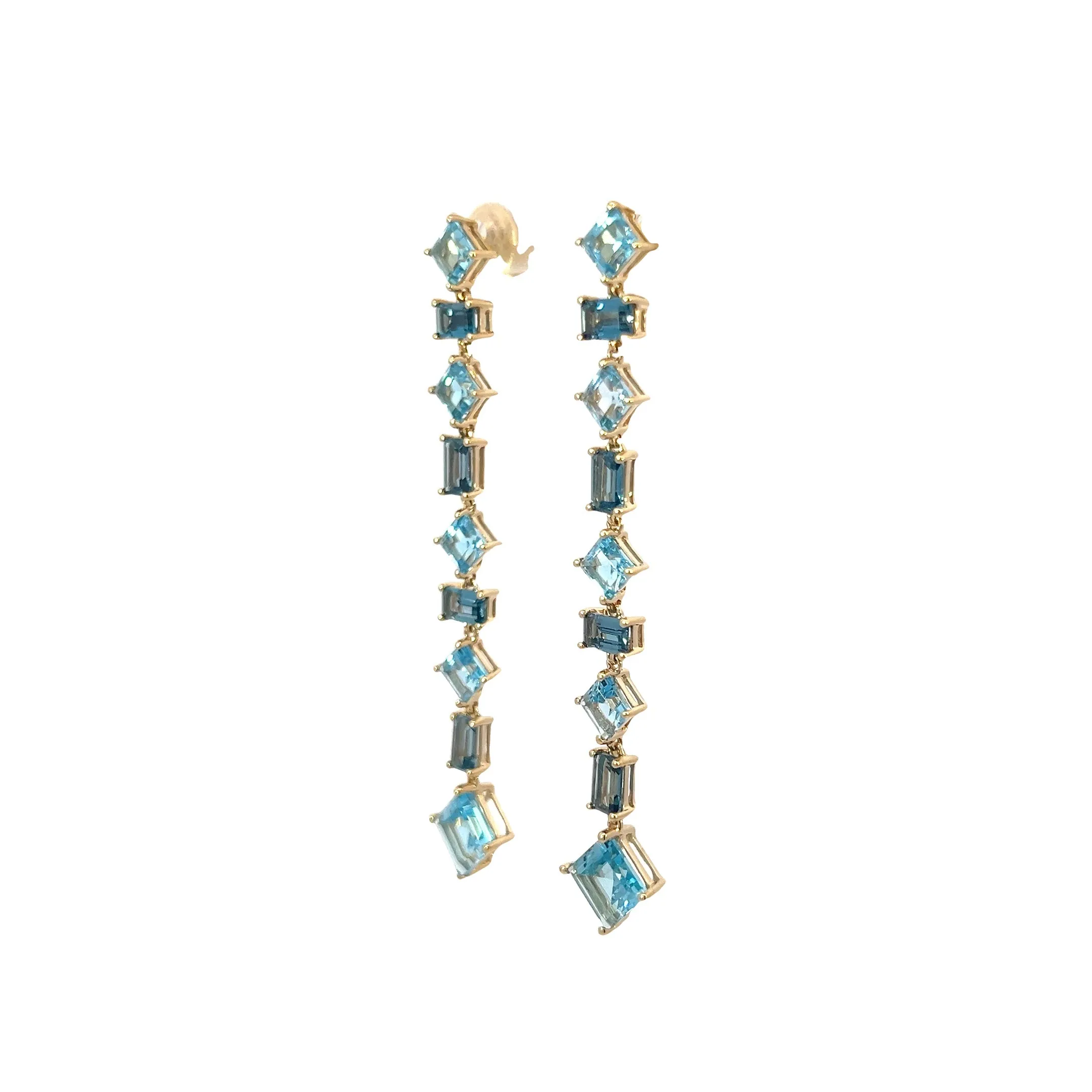18kt Yellow Gold Long Drop style earrings Blue Topaz