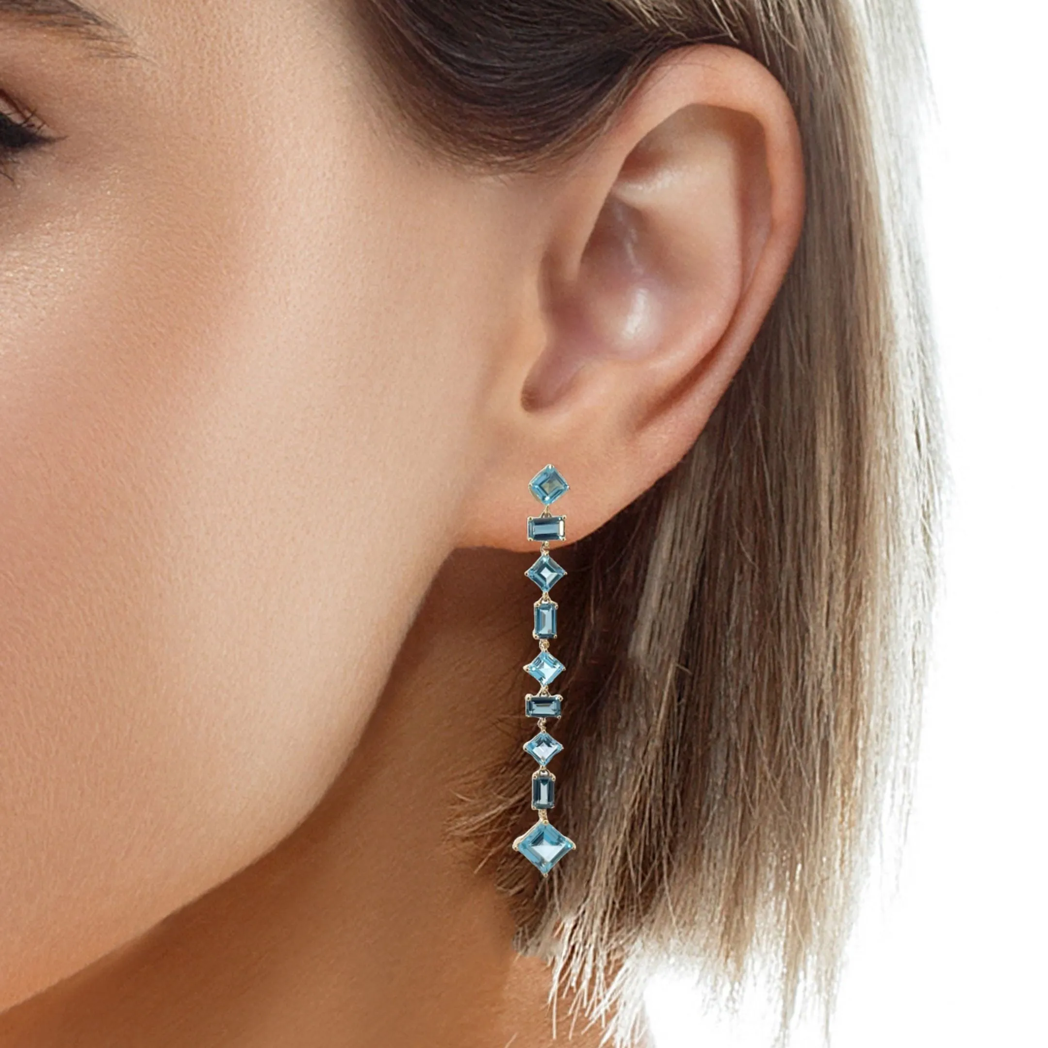 18kt Yellow Gold Long Drop style earrings Blue Topaz