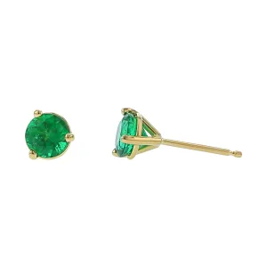 18KY 2 5MM RD ZAMBIAN EMERS=0.85-1.15CTS MED SL YELLOWISH BLUISH-GREEN MI (O) 3-PRONG STUD EARRINGS