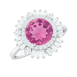 2 CT Round Pink Tourmaline Cocktail Ring with Moissanite Double Halo