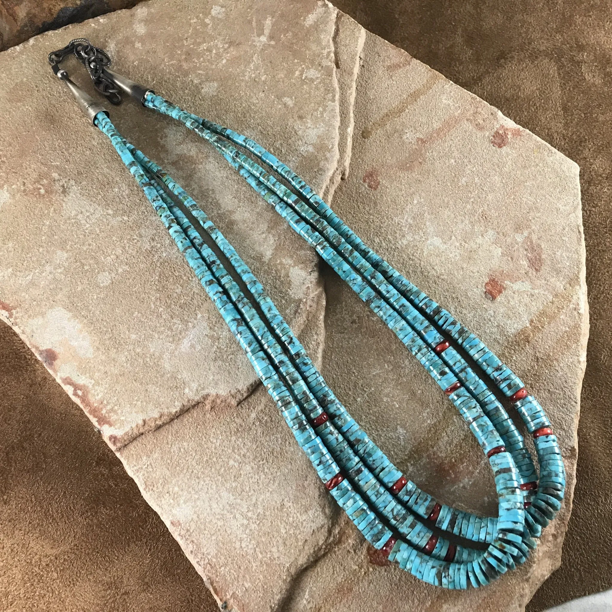 20" Three Strand Kingman Turquoise & Spiny Beaded Necklace by Daniel Coriz