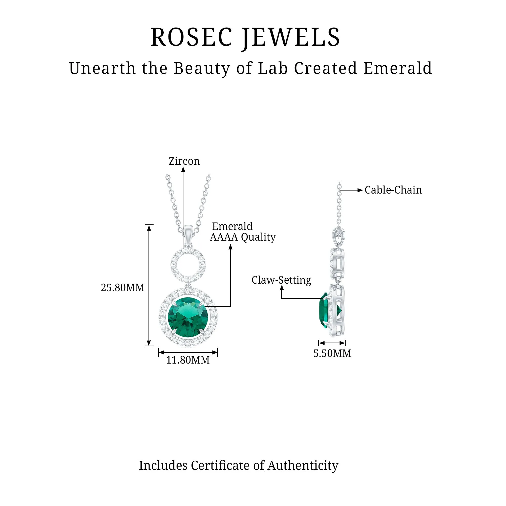 2.75 CT Certified Lab Created Emerald Silver Dangle Necklace with Zircon