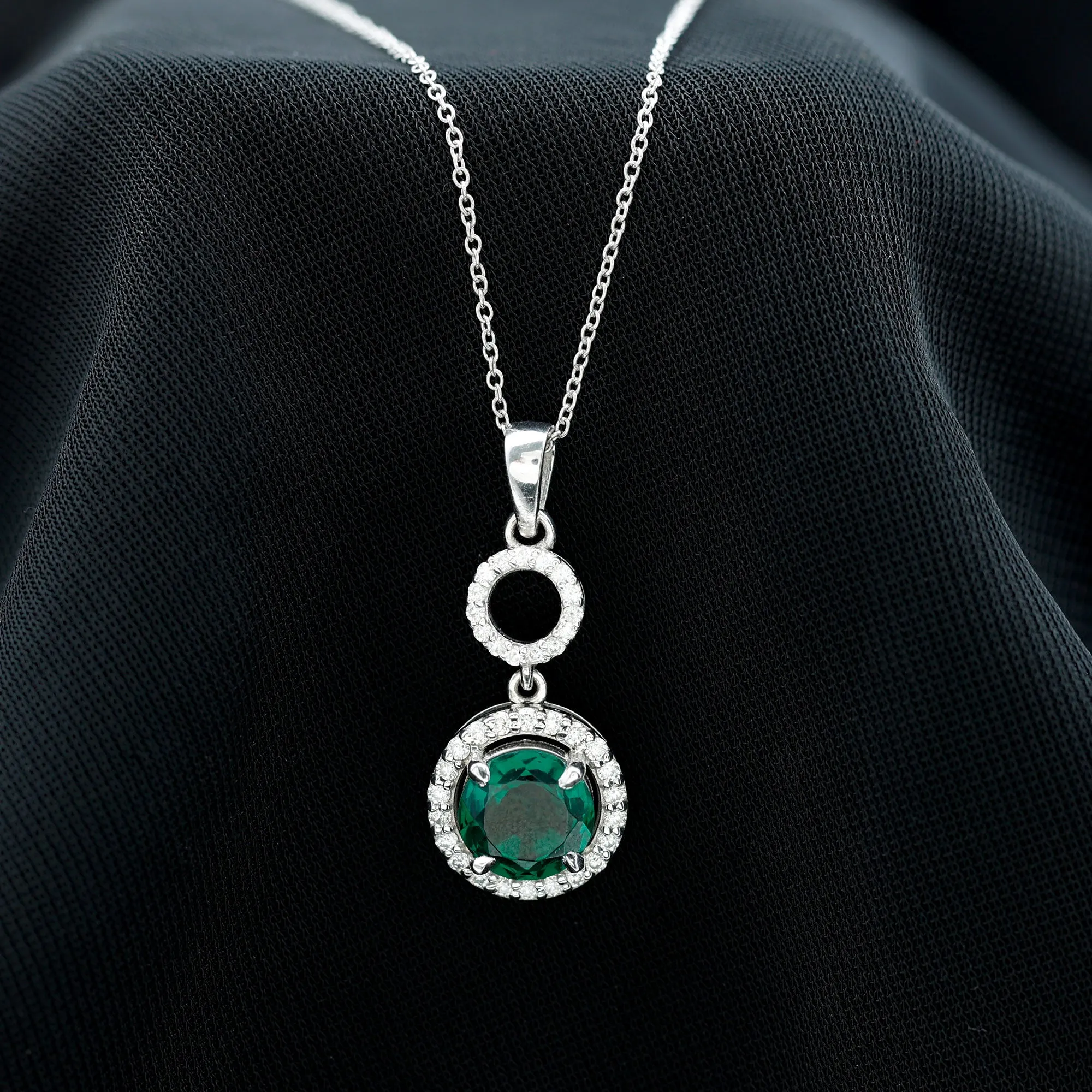 2.75 CT Certified Lab Created Emerald Silver Dangle Necklace with Zircon