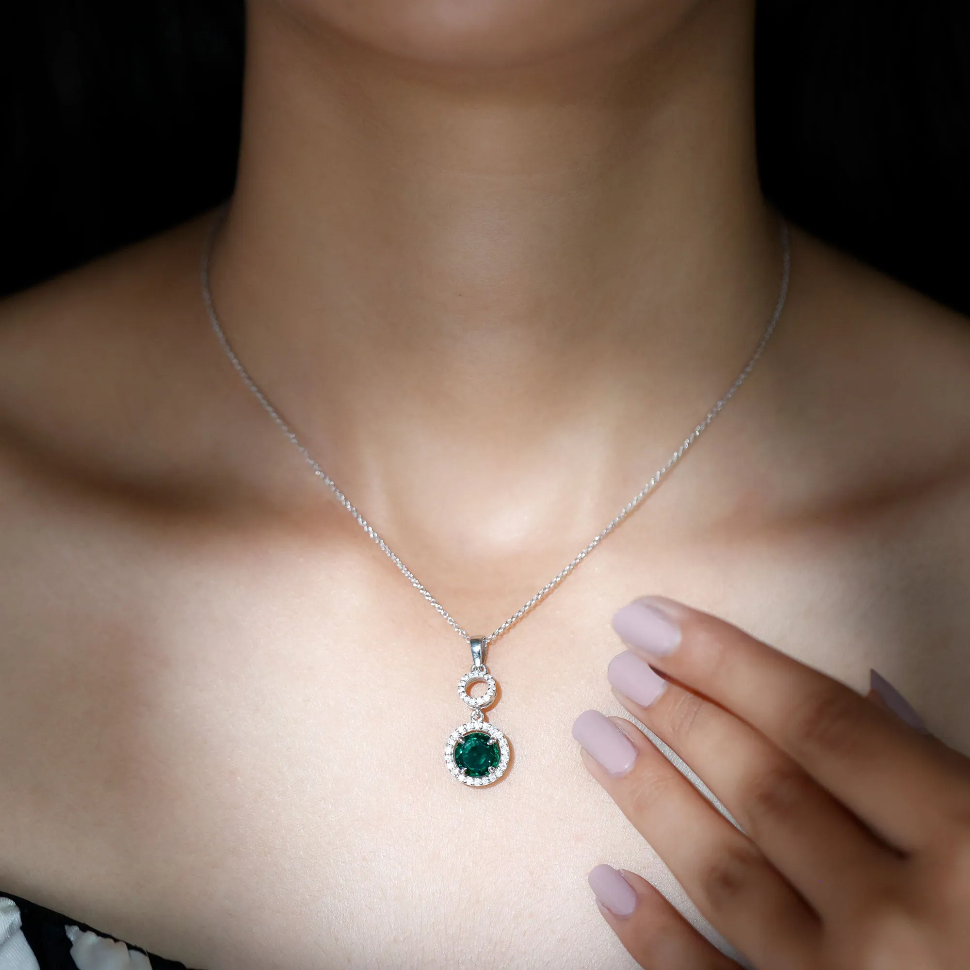 2.75 CT Certified Lab Created Emerald Silver Dangle Necklace with Zircon
