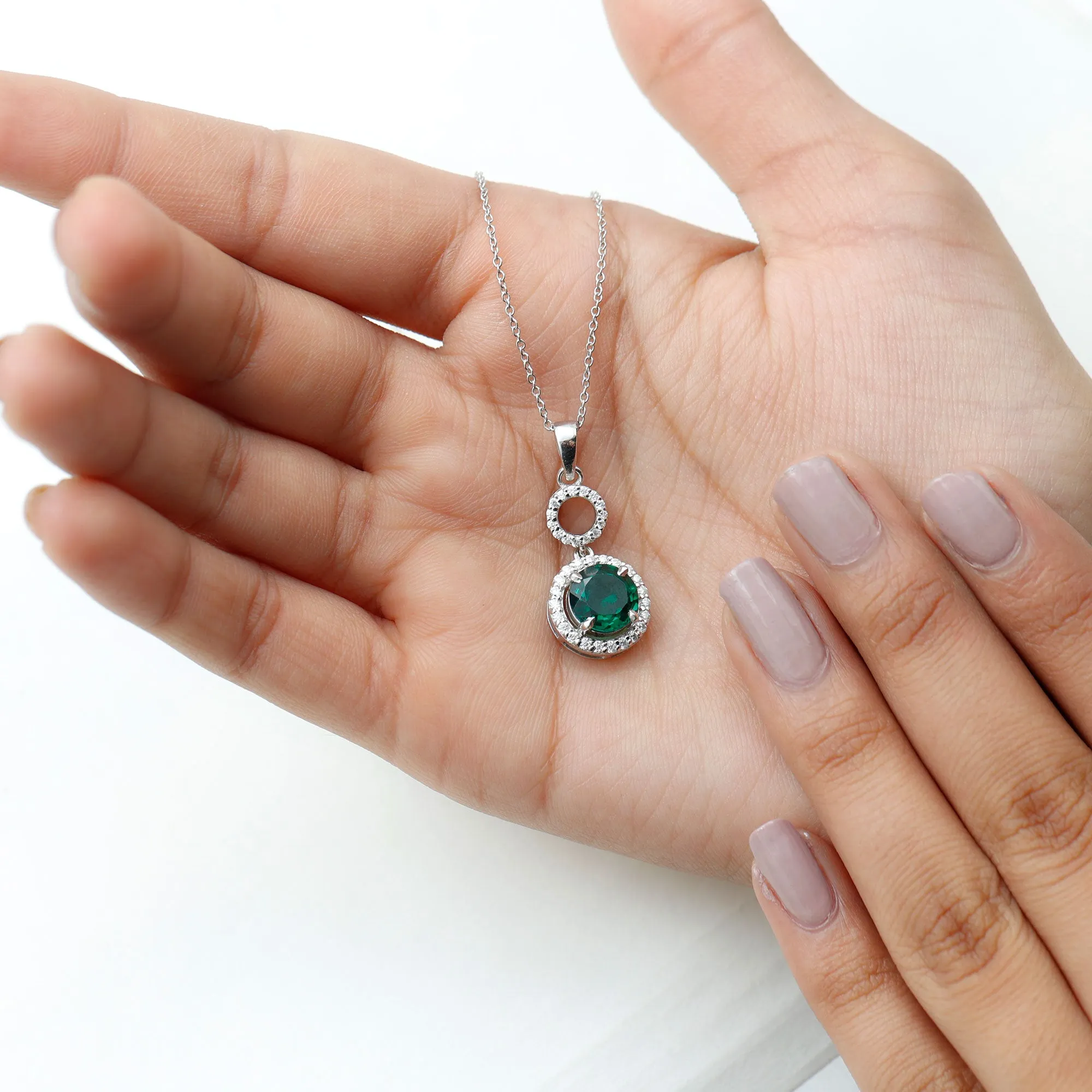 2.75 CT Certified Lab Created Emerald Silver Dangle Necklace with Zircon