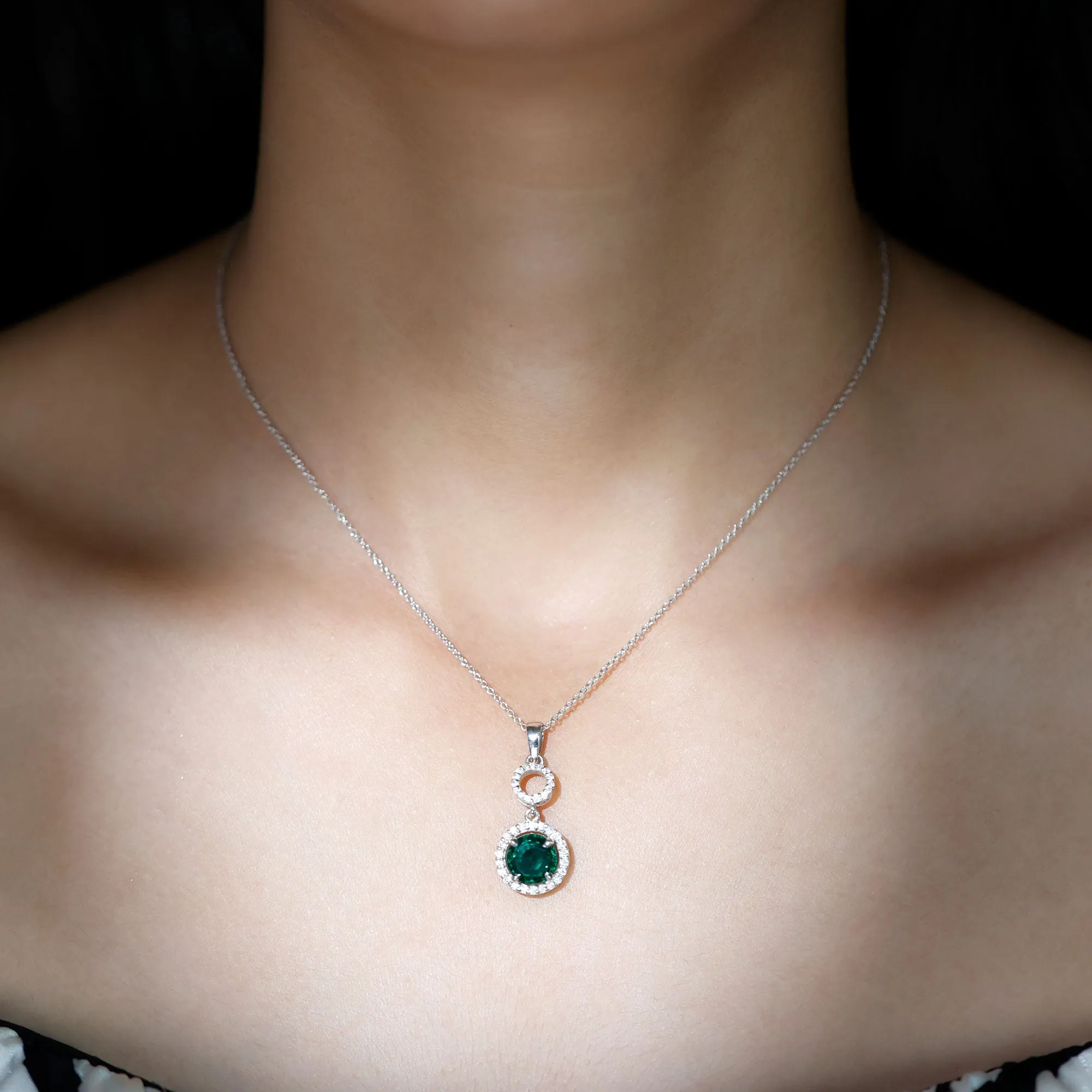 2.75 CT Certified Lab Created Emerald Silver Dangle Necklace with Zircon