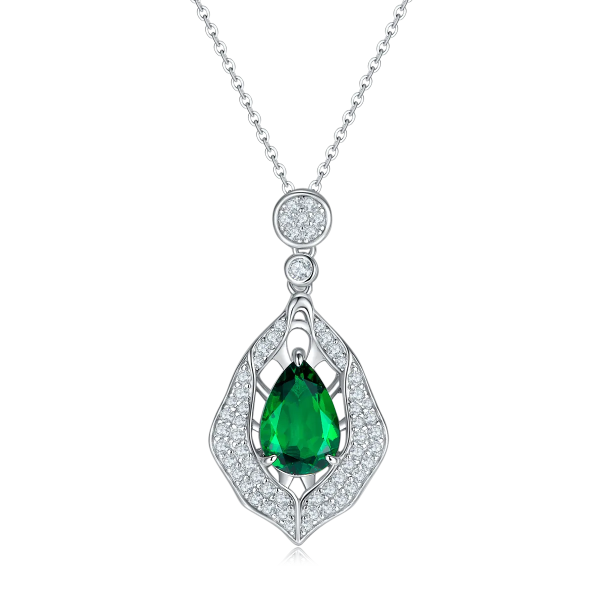 4.0 Carat Pear-Shaped Lab-Created Emerald Pendant Necklace in S925 Silver Plated White Gold