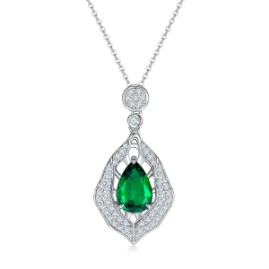 4.0 Carat Pear-Shaped Lab-Created Emerald Pendant Necklace in S925 Silver Plated White Gold