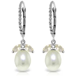 9 Carat 14K Solid White Gold Leverback Earrings White Topaz Pearl