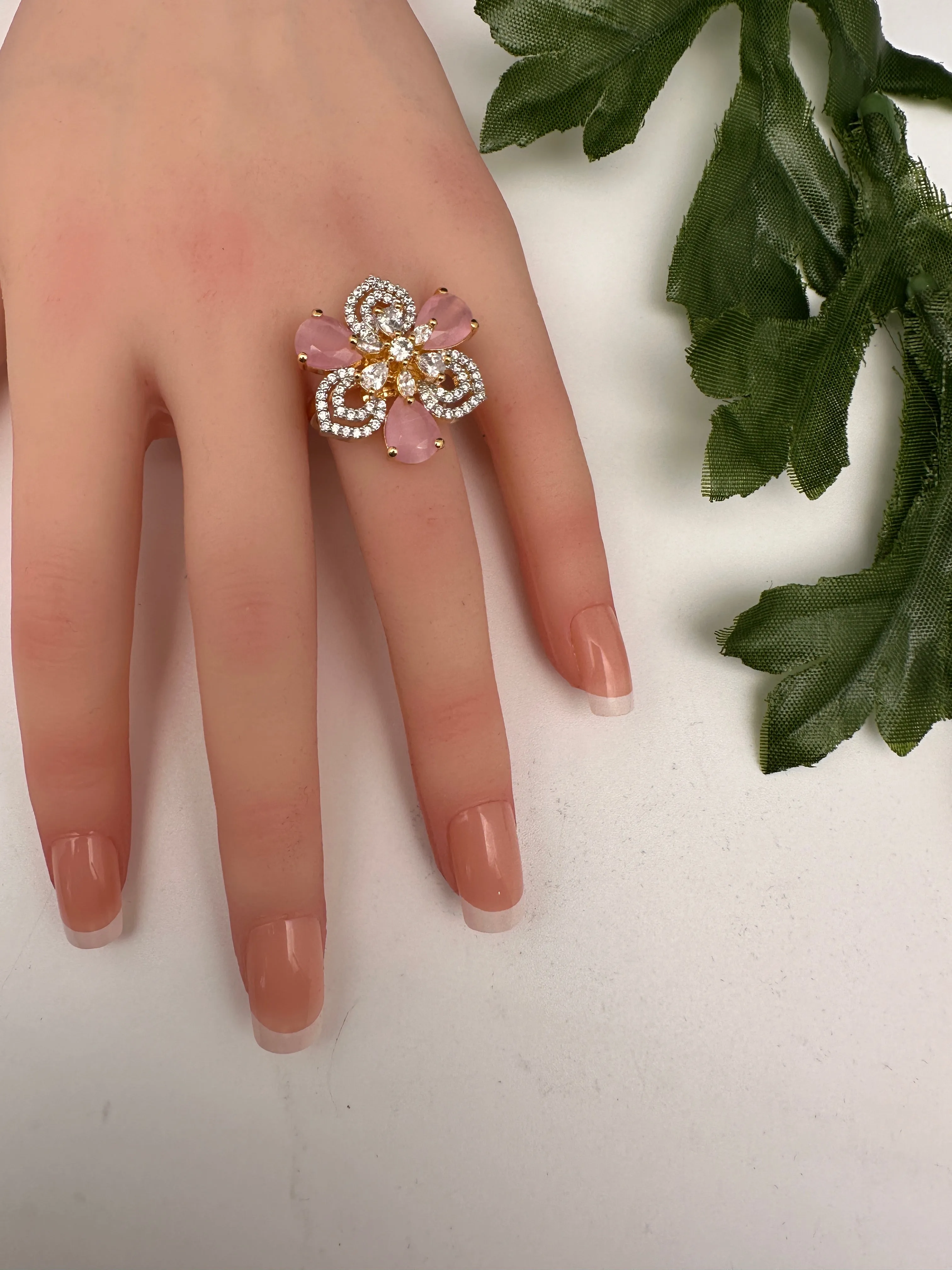 AD Gold Adjustable Color Stone Cocktail Ring